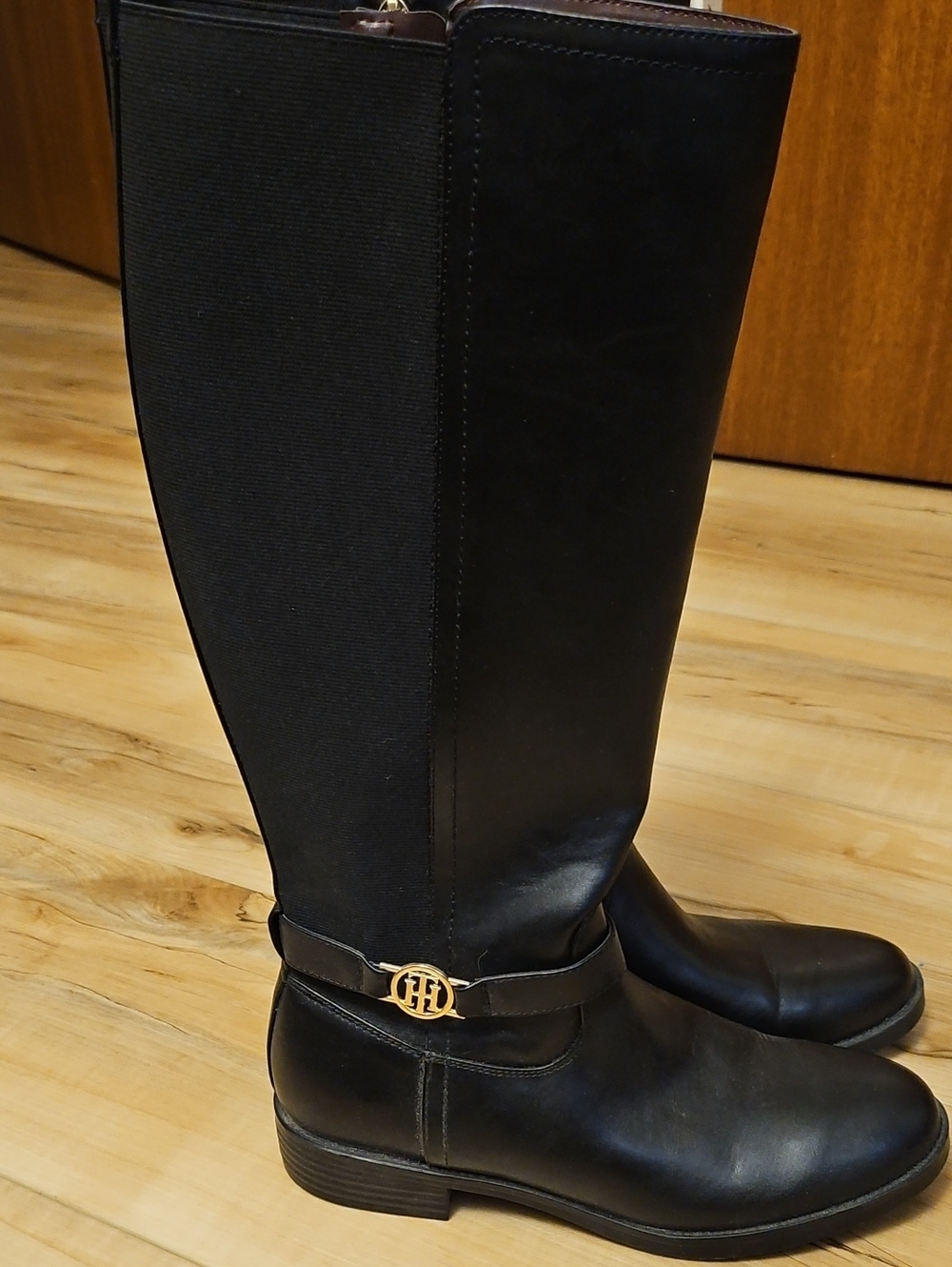Black Tall Riding Boots with Gold Accent - Picture 1 of 4